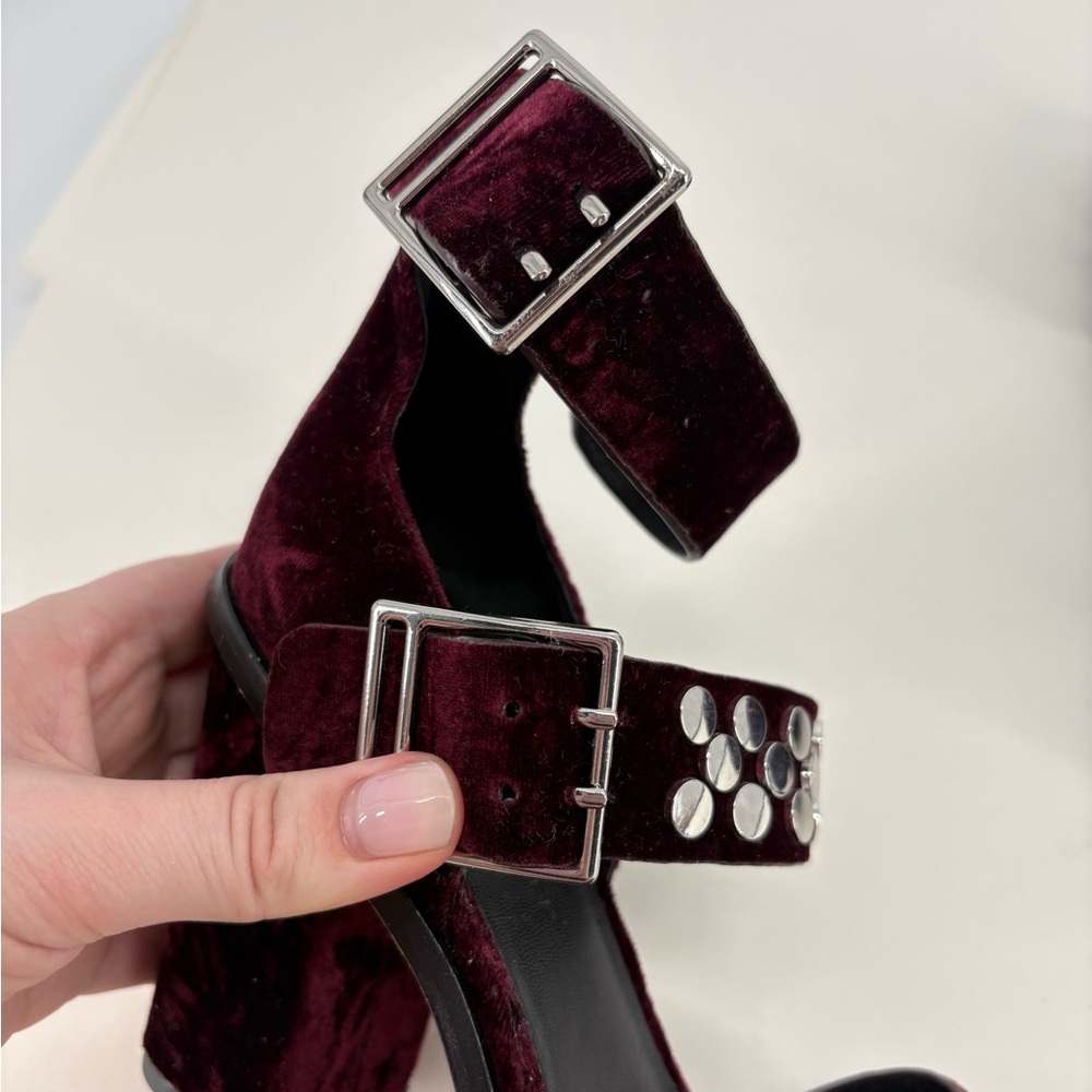 Rebecca Minkoff Jennifer Merlot Velvet Strappy Studded Heels - Picture 4 of 9